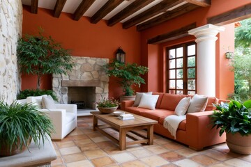 Naklejka premium Mediterranean patio living room with stone fireplace
