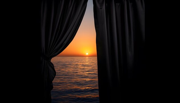 From within a dark room, heavy black curtains are drawn back, revealing a stunning and vibrant ocean sunset with a dramatic orange sky.