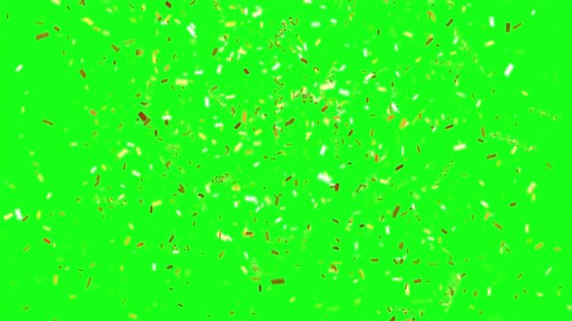 Golden confetti falling on Chroma key green screen background, realistic explosion of gold particles for celebration, party, birthday and victory, 4k video