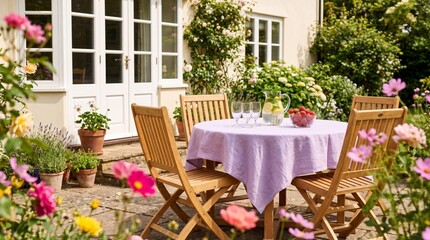 Obraz premium Idyllic summer backyard setup for outdoor dining. Wooden table and chair on a stone patio surrounded by blooming garden. Glass pitcher of fresh lemonade and bowl of strawberry on lilac tablecloth.