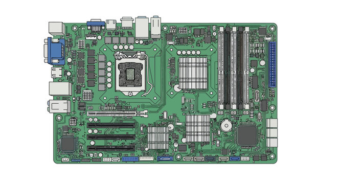 Close-up of green circuit board with blue ports and components