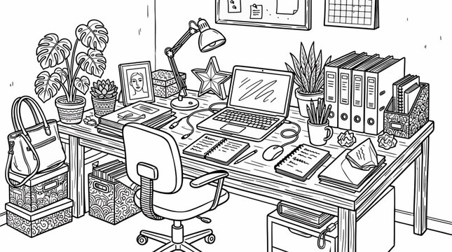 Overhead view of a cluttered home office desk with a laptop, plants, and office supplies