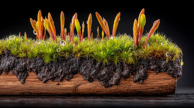 Fresh green moss with new sprouts growing on old wood log against dark background, moisture
