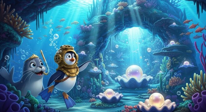 Cute Penguin and Seal Discovering Giant Pearl Underwater