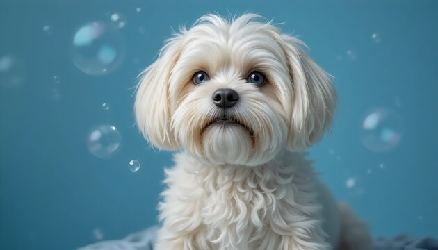 Cute Maltese Dog With Towel and Soap Bubbles on Blue Background Adorable Bath Time Pet Portrait Clean Puppy Scene