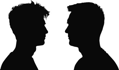 Two men face to face silhouette profiles, male communication and confrontation concept, friendship or conflict discussion, black and white vector illustration isolated background © MdAbdur