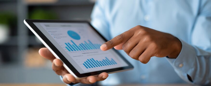 Contract analysis and authorization procedure. Streamlined digital workflow system. Professional reviewing compliance reports on tablet device.