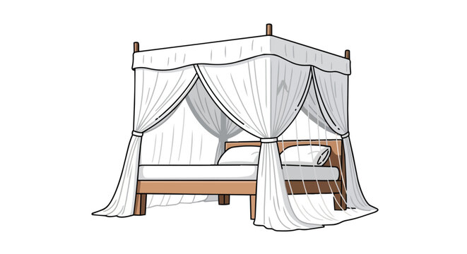 Elegant wooden four poster canopy bed with white curtains and mosquito net for luxury outdoor relaxation illustration