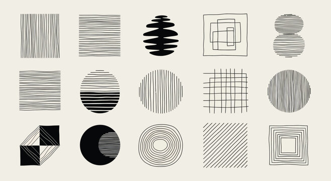 Black and white geometric shapes with various line patterns, 220 abstract shapes
