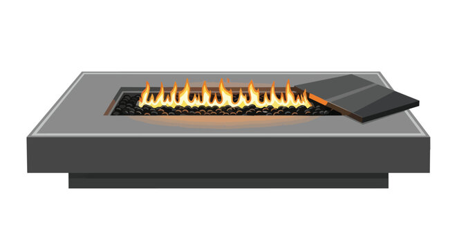 Modern outdoor gas fire pit table with realistic orange flames and lava rocks illustration isolated on white