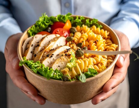 Healthy meal bowl with chicken pasta and vegetables held in hands