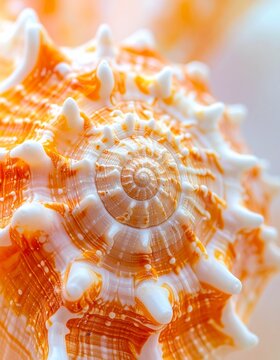 Abstract macro images of spiral conch shells and tropical seashells.