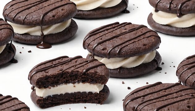 Chocolate cookies with cream filling between layers, isolated on white background for premium snack product visuals.