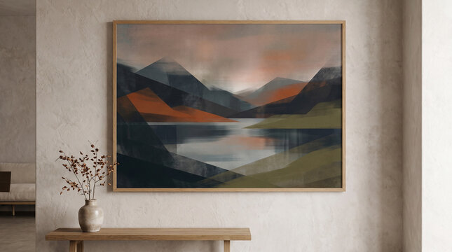 An abstract art of mountains landscape, a sense of serenity displayed on a wall