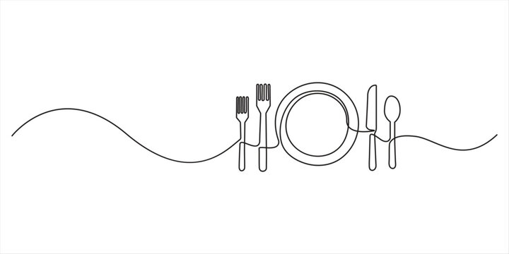 Continuous line art or One Line Drawing of plate, khife and fork. linear style and Hand drawn. one line Icon drawing Continuous line drawing of fork, plate and knife, vector illustration Continuous On