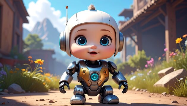 Charming robot character in a sunny outdoor environment with natural light