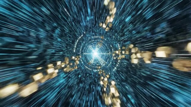 Digital binary code tunnel rushing toward bright central light