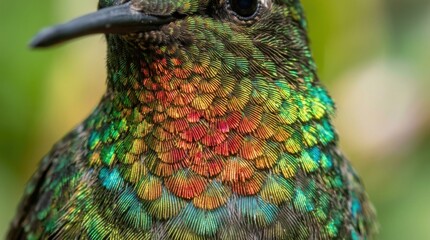 Fototapeta premium Close-up of a vibrant hummingbird showcasing iridescent feathers and intricate details, natures artistry.