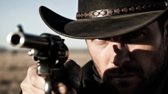 Close-up shot of a cowboy&rsquo;s intense eyes under a worn hat as he raises his revolver, sharp shadows across his face, dramatic lighting, shallow depth of field