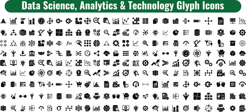 Collection of black glyph icons representing data science analytics and modern information technology system components