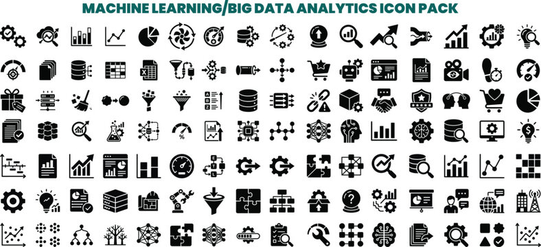 Collection of machine learning and big data analytics icons for information technology and software development projects