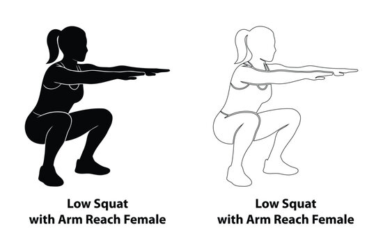 Female performing low squat with arm reach exercise silhouette and outline illustration for women's fitness training, mobility, and leg workout guide
