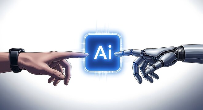 Human hand touching robotic hand, Ai technology concept, artificial intelligence, innovation
