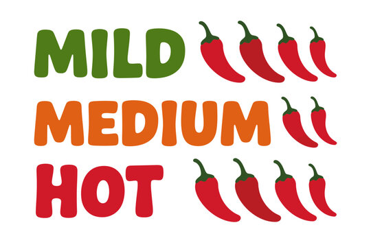 Spice level graphic mild medium and hot pepper illustrations with bold typography