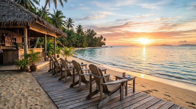 Tropical Beach Chairs at Sunset Resort for Relaxation Time