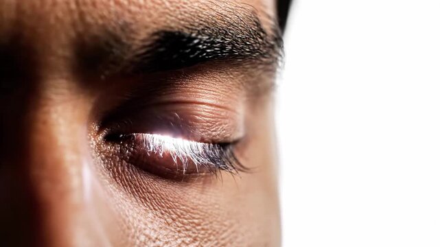 Close-up of a person's eye with golden light reflecting on the eyelid