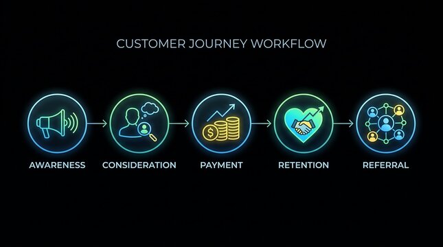 Customer journey workflow infographic featuring neon circular icons representing marketing funnel stages including awareness consideration payment retention and referral