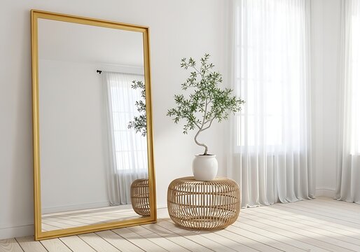 Large wooden floor mirror standing in a bright minimalist living room with a small plant on a stool