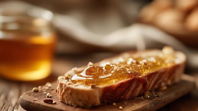 Golden Honey Drizzling onto Toasted Bread Close-up