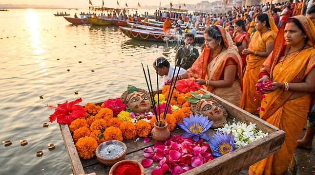 Spiritual Hindu offerings featuring vibrant blossom petals, aromatic incense sticks, and holy ash positioned on the Ganges riverbank during the auspicious Ganga Dussehra religious festival ritual.