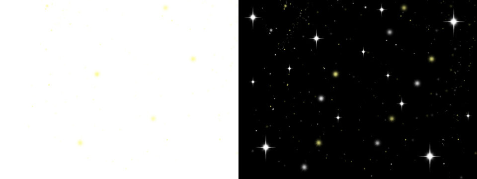 Sparkling stars and dust particles scattered across a dark night sky background, on transparent or black background