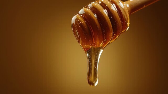 Pure Honey Dripping from a Wooden Dipper in Slow Motion