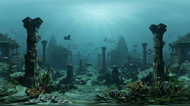 Majestic Submerged Ancient City of Dwarka VR 360 Spherical Panorama Featuring Underwater Ruins Temple Structures and Mythical Indian Heritage Deep Beneath the Ocean Surface