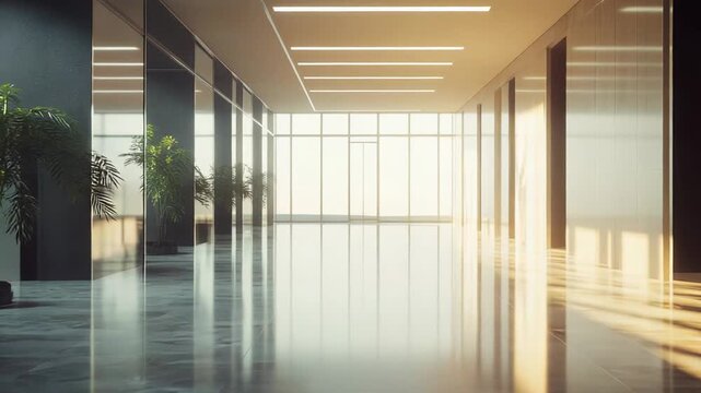 Sunlit modern corporate hallway with floor to ceiling windows, reflective floors and soft shadows, minimalist design punctuated by green plants for a professional, elegant feel