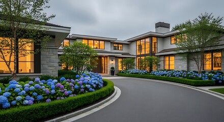 Fototapeta premium Luxury modern house with blue flowers and driveway