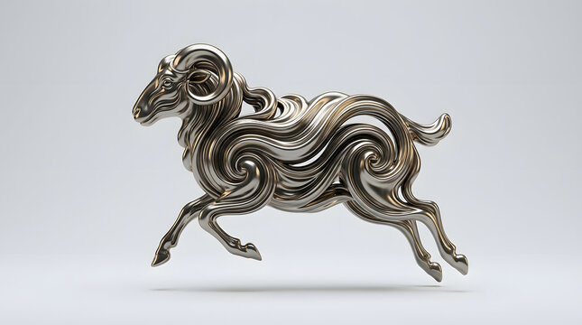 Abstract Metallic Running Ram Sculpture With Dark Chrome Flowing Texture for Luxury Eid al Adha Artistic Background