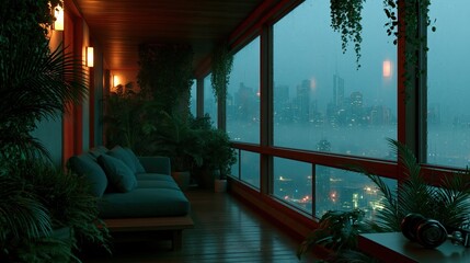 Obraz premium Plant filled balcony lounge overlooking rainy urban skyline