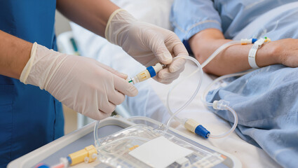 Fototapeta premium Medical professional connecting IV drip to patient's hand in hospital setting