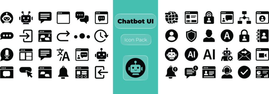 Set of modern black interface icons for artificial intelligence chatbot user experience and website navigation