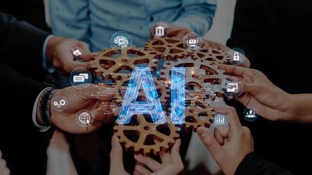 A dynamic composition showing hands gathered around mechanical gears, illustrating the collaboration involved in leveraging artificial intelligence for innovation in business. Raster