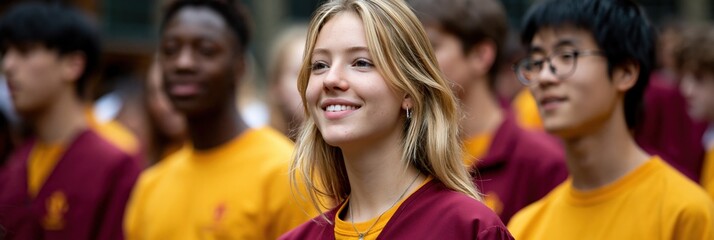 Fototapeta premium Young woman smiling among choir members in rehearsal