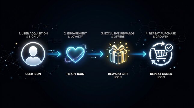 Customer retention strategy infographic featuring glowing neon icons depicting user acquisition engagement rewards and repeat purchases on a dark background