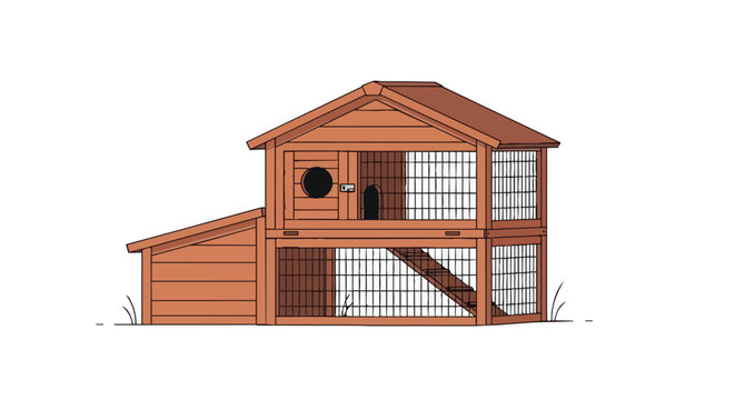 Wooden two-story rabbit hutch or chicken coop illustration, outdoor pet house with wire mesh and ramp for small animals on white background