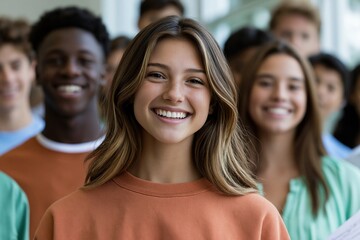 Fototapeta premium Teen girl smiling with classmates in school hallway