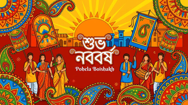 Vibrant Pohela Boishakh Bengali New Year Celebration Background Featuring Traditional Folk Art Motifs Cultural Heritage Alpona Pattern Ornament Festive Greeting Card Vector Illustration Design