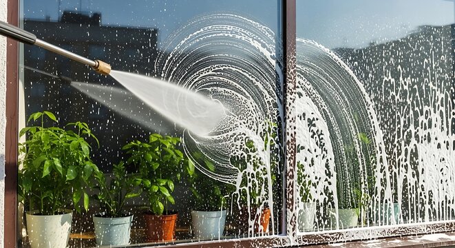 High-pressure washer cleaning a soapy window with plants on the sill
